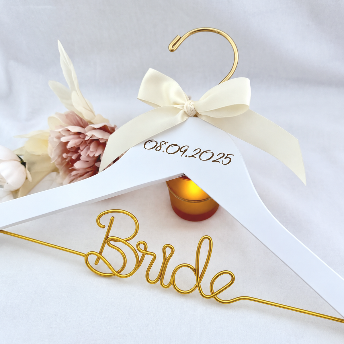 Custom Wedding Hanger: Engraved Date, Golden Wire Bride Hanger