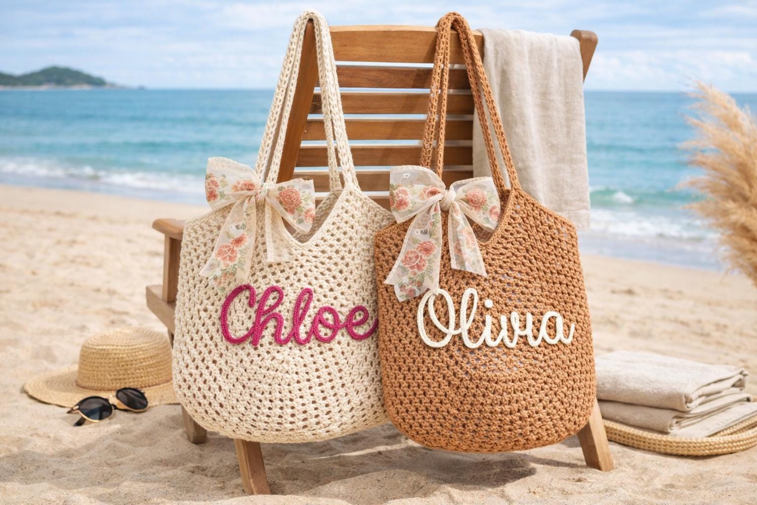 REFERENCE IMAGE · Personalized Crochet Beach Tote Bag, Custom Name Tote, Handmade Cotton Summer Tote, Wedding favor gift, Bachellortee Gifts, Bridesmaid Gift