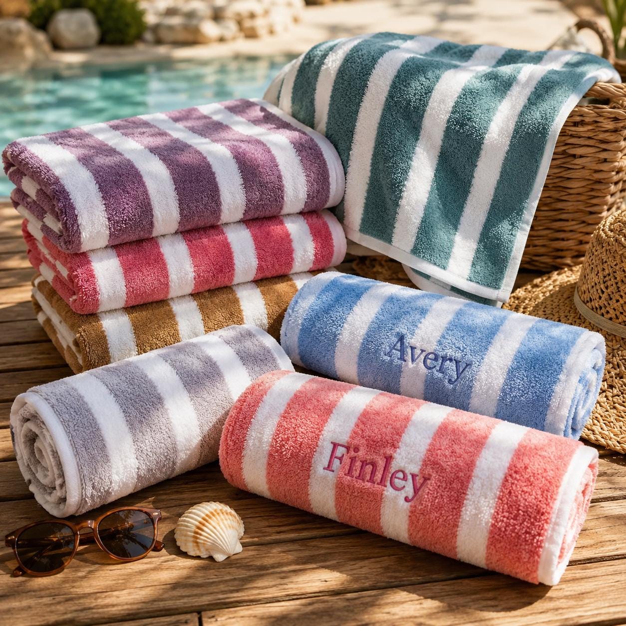 REFERENCE IMAGE · Personalized embroidered cabana stripe towel, custom name beach towel, plush fleece pool towel, bachelorette gift set, gift for her
