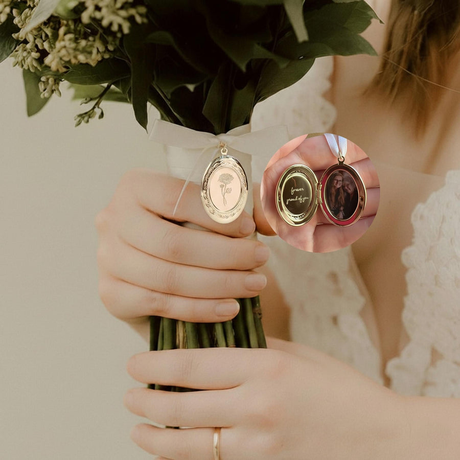 Personalized Bouquet Charm, Photo Locket for Bridal Bouquet, Birth Flower Wedding Memorial Charm · image 1