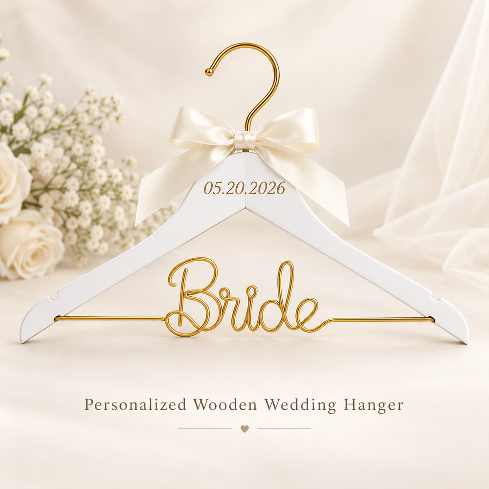 Custom Wedding Hanger: Engraved Date, Golden Wire Bride Hanger