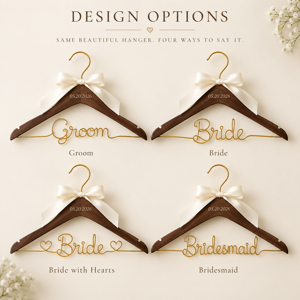Custom Wedding Hanger: Engraved Date, Golden Wire Bride Hanger