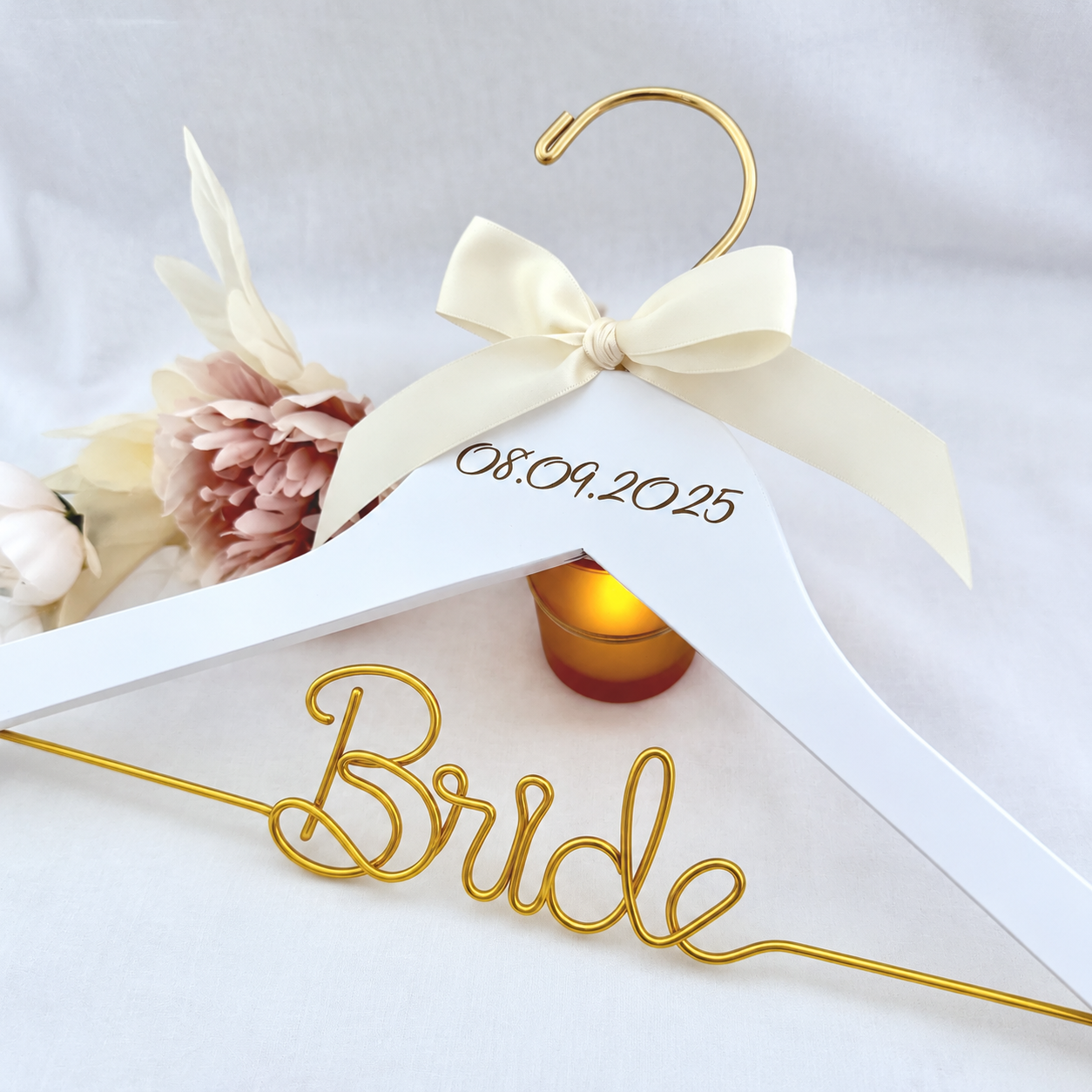 Custom Wedding Hanger: Engraved Date, Golden Wire Bride Hanger