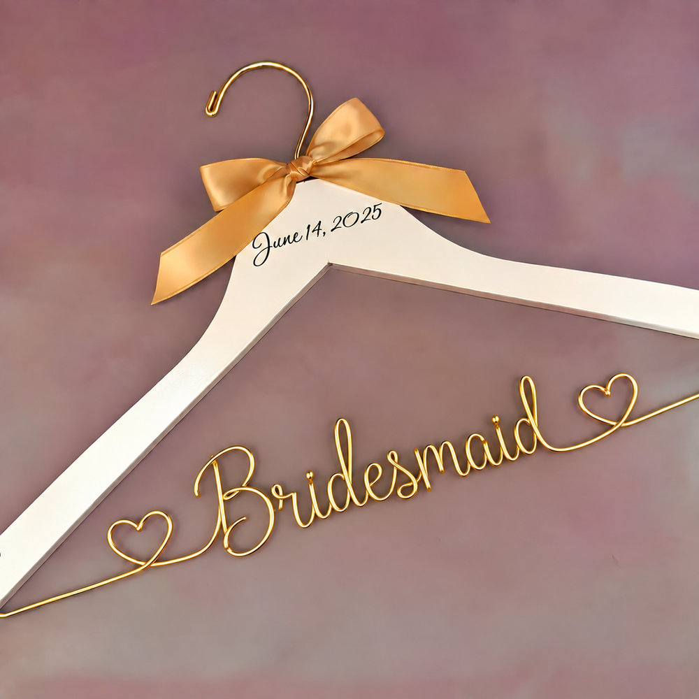 Custom Wedding Hanger: Engraved Date, Golden Wire Bride Hanger
