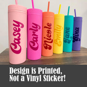 Tumblers with “Design is printed, not a vinyl sticker!”