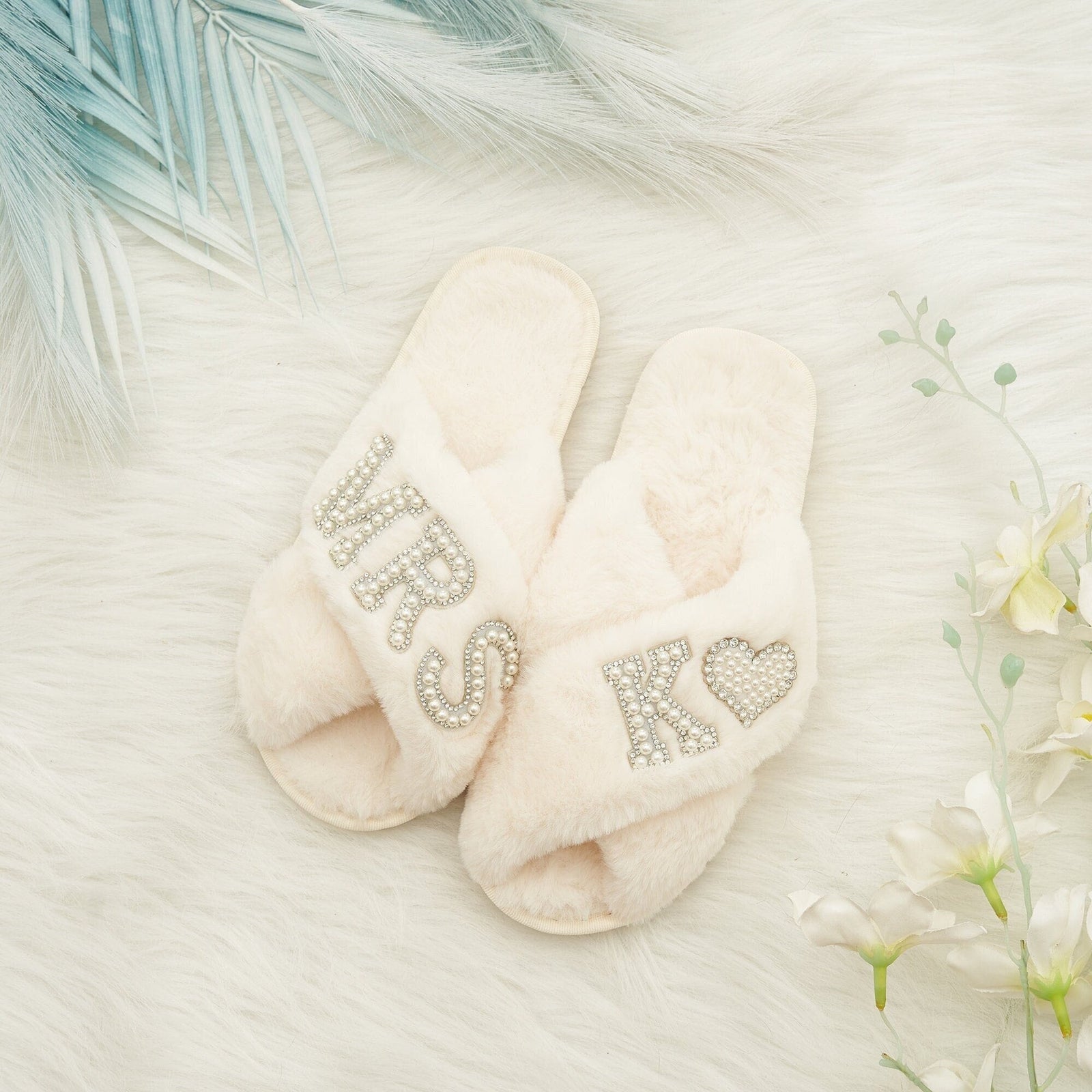 REFERENCE IMAGE · Bride Gift Pearls Slippers| Rhinestone Fluffy Slippers| Bachelorette Hen Fluffy Slippers|Personalized gift Bridal Slipper|Bridesmaid Gifts