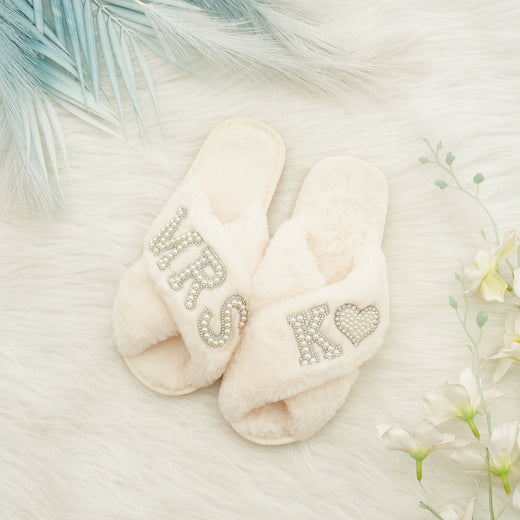 Bride Gift Pearls Slippers| Rhinestone Fluffy Slippers| Bachelorette Hen Fluffy Slippers|Personalized gift Bridal Slipper|Bridesmaid Gifts · image 1
