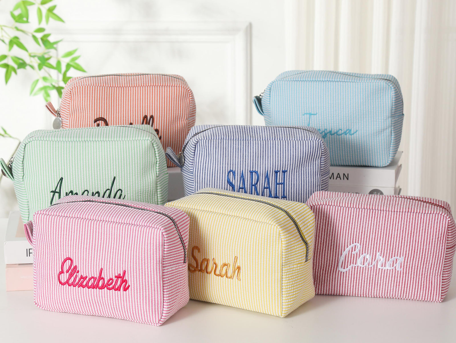 REFERENCE IMAGE · Monogrammed Seersucker Toiletry Bag: Custom Bridesmaid Makeup Bag