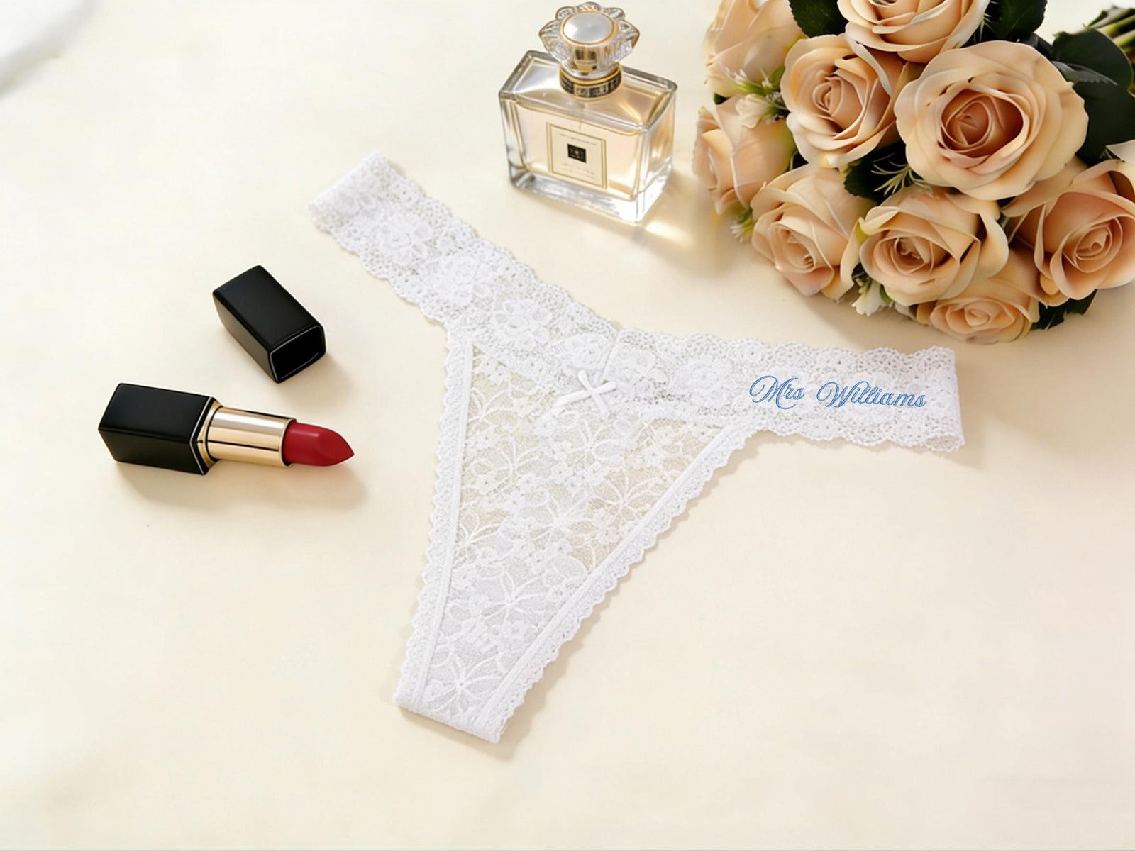 REFERENCE IMAGE · Personalized Embroidered Lace Bridal Thong, Custom Wedding Gift