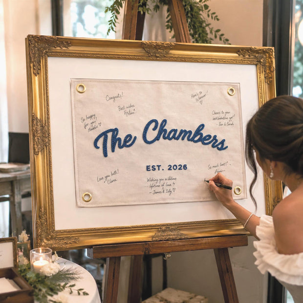 Custom Wedding Guest Book Alternative, Embroidered Last Name Pennant Flag, Keepsake Wedding Sign, Personalized Wall Art, Chain Stitch Banner · image 1