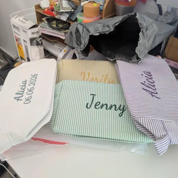 Monogrammed Seersucker Toiletry Bag: Custom Bridesmaid Makeup Bag