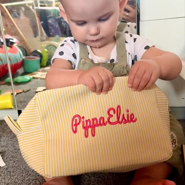 Monogrammed Seersucker Toiletry Bag: Custom Bridesmaid Makeup Bag
