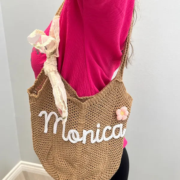 Personalized Crochet Beach Tote Bag, Custom Name Tote, Handmade Cotton Summer Tote, Wedding favor gift, Bachellortee Gifts, Bridesmaid Gift