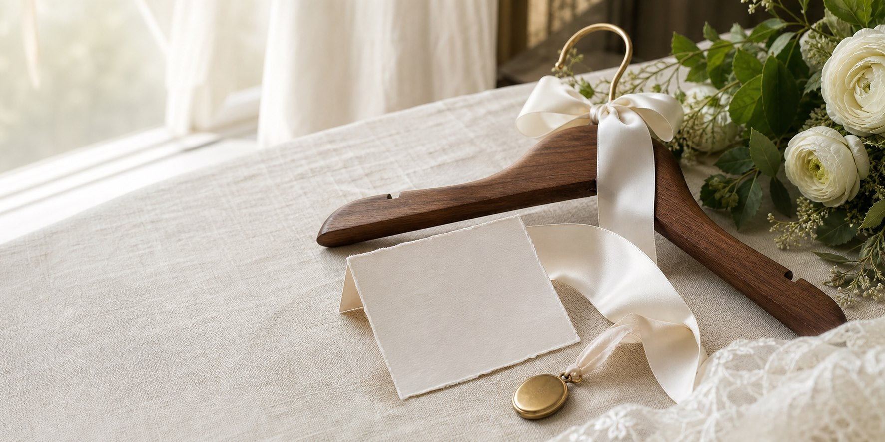 Wedding keepsakes arranged on natural linen